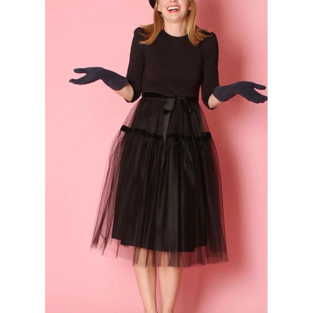 Camilyn Beth Darlene‎ Dress Womens Black Tulle Tiered Cocktail Party Velvet Trim